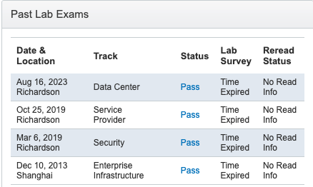 CCIE Lab Exam Results — 4 tracks, all Pass